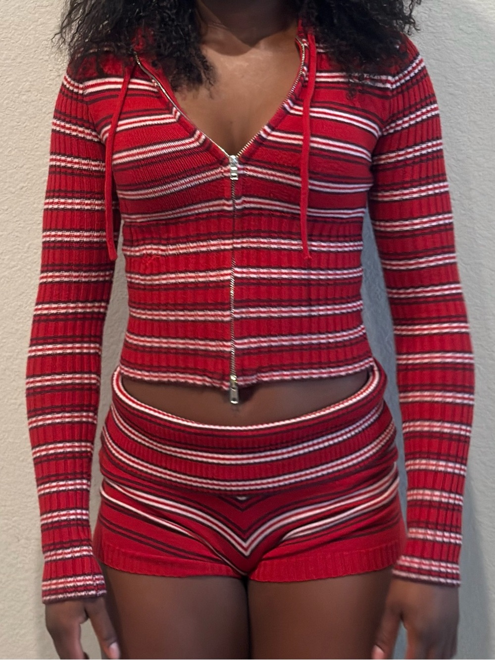 Frankie's Bikinis Red Striped Ribbed Hoodie & Short Set